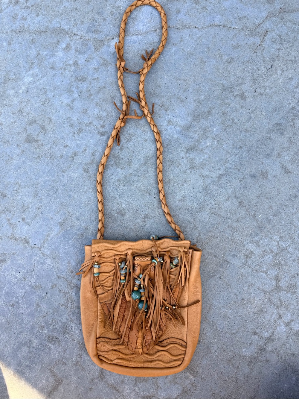 Boho Tan Leather Crossbody with Braided Strap and Beaded Fringe